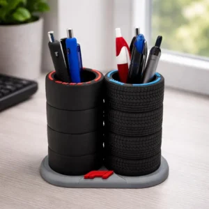 F1 Dual Tire Stack Pen Holder – Slick & Wet Weather Formula Desk Organizer
