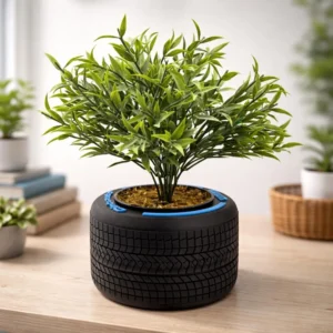 F1 Racing Tire Planter & Pen Holder – Motorsport Desk Organizer, Blue Letter Wet Tire Design